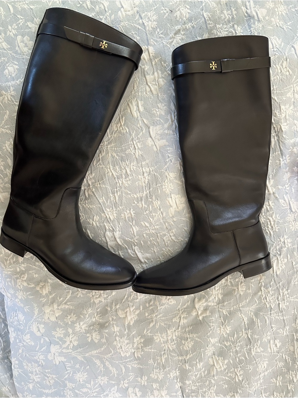 Tory Burch Black Tall Leather Riding Boots with Logo Strap